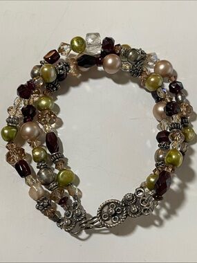 Multi-Strand Greenish/Gold  Pearl, Crystal and Glass Bead Bracelet - Unbranded